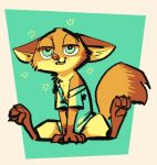  2018 anthro barefoot border canine clothed clothing cute_fangs dipstick_tail disney drunk fox fuel_(artist) gloves_(marking) green_background green_eyes looking_at_viewer male mammal markings multicolored_tail nick_wilde off_shoulder open_shirt simple_background sitting smile solo white_border zootopia 