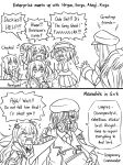  2koma 6+girls :i akagi_(kantai_collection) anger_vein azur_lane bird chopsticks comic crossover d: eagle english enterprise_(azur_lane) epaulettes fang flying_sweatdrops gas_mask girls_frontline greyscale guin_guin hat hiryuu_(kantai_collection) jitome kaga_(kantai_collection) kantai_collection long_hair long_sleeves military military_jacket military_uniform monochrome multiple_girls open_mouth pleated_skirt profanity rice scar scar_across_eye scared skirt souryuu_(kantai_collection) speech_bubble sweat sweating_profusely traumatized turn_pale typo ump45_(girls_frontline) uniform waving 