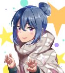  absurdres bangs blue_hair blush claw_pose commentary eyebrows_visible_through_hair eyes_visible_through_hair hair_between_eyes hair_bun highres long_sleeves looking_at_viewer looking_to_the_side purple_eyes shawl shima_rin sidelocks smile smug solo star starry_background sunhyun upper_body yurucamp 