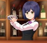  bartender black_hair bottle bow bowtie breasts cocktail_shaker goriate large_breasts motion_lines nijisanji purple_neckwear shizuka_rin smile solo upper_body vest virtual_youtuber yellow_eyes 