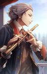  blue_eyes brown_vest character_request flute holding holding_instrument instrument looking_out_window looking_to_the_side male_focus official_art sekai_no_rekishi_jinbutsu_jiten solo standing tokumaru upper_body vest white_hair 
