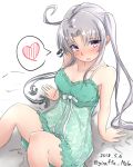  akitsushima_(kantai_collection) anchor bangs bare_shoulders bed blush breasts casual collarbone commentary_request covered_nipples dated eyebrows_visible_through_hair giraffe_(ilconte) hair_ribbon heart highres kantai_collection long_hair looking_at_viewer medium_breasts nightgown parted_bangs purple_eyes ribbon silver_hair sitting solo spaghetti_strap spoken_heart twitter_username 