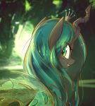  2017 changeling crown female forest friendship_is_magic green_eyes horn insect_wings looking_at_viewer looking_back mirroredsea my_little_pony outside queen_chrysalis_(mlp) slit_pupils smile solo sunlight teal_hair tree wings 
