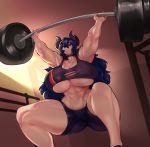  2018 abs absurd_res animal_humanoid big_breasts bovine breasts butt cattle cleavage clothed clothing cow_humanoid crouching eigaka exercise female hair hi_res horn huge_breasts humanoid long_hair mammal muscular muscular_female top torn_clothing weightlifting workout 