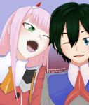  1girl 775azami black_hair commentary_request couple darling_in_the_franxx fangs hair_ornament hairband highres hiro_(darling_in_the_franxx) horns long_hair military military_uniform necktie one_eye_closed oni_horns orange_neckwear pink_hair red_horns red_neckwear uniform white_hairband zero_two_(darling_in_the_franxx) 