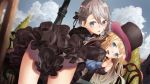  ange_(princess_principal) ass bad_anatomy bangs bent_over black_bow black_hat black_jacket black_panties black_skirt blonde_hair blue_bow blue_eyes blue_sky bow braid cloud commentary_request day eyebrows_visible_through_hair fingernails fur-trimmed_jacket fur-trimmed_sleeves fur_trim grey_hair hair_between_eyes hair_bow hat heart highres jacket layered_skirt long_hair long_sleeves multiple_girls outdoors panties princess_(princess_principal) princess_principal saraki signature skirt sky top_hat tree underwear very_long_hair 