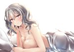  bed blush breasts gray_eyes gray_hair juurouta kantai_collection kashima_(kancolle) long_hair nude twintails watermark 