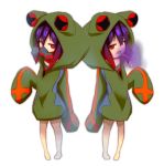  absurdres animal_hood bangs barefoot breath eyebrows_visible_through_hair frog_eyes frog_hood gas_mask gradient_hair green_hoodie hair_between_eyes hand_up highres hood hood_up hoodie idaten93 long_tongue looking_at_viewer multicolored_hair multiple_views open_mouth original personification poison purple_eyes red-eyed_tree_frog red_eyes red_hair simple_background slit_pupils standing tongue tongue_out white_background 