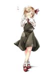  black_skirt black_vest blonde_hair commentary covering_mouth full_body gorilla_(bun0615) hair_ribbon highres mary_janes red_eyes red_footwear ribbon rumia shirt shoes short_hair simple_background skirt touhou translated vest white_background white_shirt 
