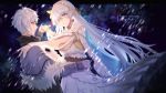  1girl anastasia_(fate/grand_order) blue_cape blue_eyes cape capelet cm_(pixiv4946055) dancing dress eye_contact eyebrows_visible_through_hair eyes_visible_through_hair fate/grand_order fate_(series) floating_hair fur_trim hair_between_eyes hair_over_one_eye hairband hand_on_another's_hip highres holding_hands kadoc_zemlupus long_hair looking_at_another silver_hair smile snowing very_long_hair white_dress yellow_hairband 