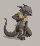  amber_eyes anthro claws clothing crouching female flamespitter flat_chested horn kobold looking_aside melee_weapon reptile scalie simple_background weapon 