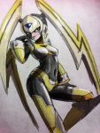  1girl android armor breasts capcom chest_jewel covered_navel gloves hand_on_hip helmet long_eyelashes medium_breasts navel oro_s power_armor red_eyes robot_girl rockman rockman_xover shoulder_spikes simple_background white_background 
