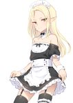  alternate_costume apron blonde_hair crossdressing dress elf enmaided erik_burton green_eyes highres long_hair looking_at_viewer maid maid_apron maid_headdress male_focus mizuki_eiru_(akagi_kurage) otoko_no_ko pointy_ears pop-up_story skirt_hold smile solo waist_apron 