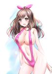  ayase breasts brown_eyes brown_hair cowboy_shot eyebrows_visible_through_hair hair_ribbon highres idolmaster idolmaster_shiny_colors large_breasts long_hair navel pink_ribbon pink_swimsuit ponytail ribbon simple_background slingshot_swimsuit solo swimsuit tsukioka_kogane white_background 