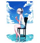  absurdres bad_id bad_pixiv_id bangs barefoot blue_eyes blue_shorts blue_sky blunt_bangs chair cloud day eyebrows_visible_through_hair from_side full_body hair_between_eyes headphones highres original shirt short_hair short_shorts shorts silver_hair simple_background sitting sky sleeveless sleeveless_shirt soaking_feet solo white_background white_shirt yoshi2_oide 