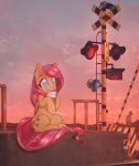  2017 beverage blush cloud coffee coffee_cup cutie_mark detailed_background equine feathered_wings feathers female feral fluttershy_(mlp) friendship_is_magic fur gate hair holding_object japanese_text ladder light long_hair mammal mirroredsea my_little_pony outside pegasus pink_hair pole railroad sign sitting solo speaker station stripes sunset tan_fur teal_eyes text wings 