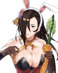 animal_ears black_hair breast_press breasts brown_eyes brown_gloves bunny_ears bunnysuit carrot cleavage collarbone criss-cross_halter fire_emblem fire_emblem_heroes fire_emblem_if flower food gloves hair_flower hair_ornament hair_over_one_eye halterneck holding holding_food holding_vegetable j@ck kagerou_(fire_emblem_if) large_breasts leotard lips long_hair looking_to_the_side ponytail solo upper_body white_background white_headband 