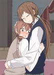  aihara_miki blush bow braid brown_hair closed_eyes couple from_side hair_bow hand_on_another's_head hug long_hair long_sleeves low_twintails maki_seina miya_(miyabi_24) multiple_girls okujou_no_yurirei-san open_mouth smile twintails upper_body vest yuri 