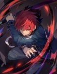  alternate_color black_hair blue_shirt fighting_stance highres hyde_(under_night_in-birth) jacket male_focus md5_mismatch multicolored_hair qitoli red_eyes red_hair shirt smirk solo sword teeth under_night_in-birth weapon 