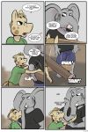  2018 angry anthro clothed clothing comic dialogue elephant english_text equine horse male mammal open_mouth ragdoll_(study_partners) speech_bubble study_partners teeth text thunderouserections tongue trunk tusks wood woody_(study_partners) young 