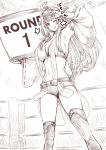  :q ahoge armpits boots boxing_ring breasts cleavage detached_sleeves greyscale headgear holding holding_sign kantai_collection kongou_(kantai_collection) large_breasts long_hair looking_at_viewer monochrome navel one_eye_closed short_shorts shorts sideboob sign star suspender_shorts suspenders sweat thigh_boots thighhighs tobisawa tongue tongue_out v wide_sleeves 