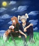  1girl animal_ears black_legwear black_serafuku blue_jacket blue_pants boots brown_hair bunny_ears closed_eyes cloud collarbone commentary_request craft_lawrence fake_animal_ears fan full_moon hair_ornament hairclip highres holding holding_fan holo jacket long_hair moon necktie night night_sky pants pantyhose paper_fan red_neckwear school_uniform serafuku silver_hair sitting sky smile spice_and_wolf star_(sky) sylphya tail wolf_ears wolf_tail 