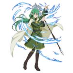  10s 1girl belt boots cloak coat crosier dungeon_ni_deai_wo_motomeru_no_wa_machigatteiru_darou_ka elf full_body green_eyes green_hair long_hair mage official_art pointy_ears riveria_ljos_alf smile staff sword_oratoria weapon white_skin 