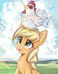  2017 applejack_(mlp) avian bird blonde_hair chicken earth_pony equine eyebrows eyelashes female feral friendship_is_magic green_eyes hair horse mammal mirroredsea my_little_pony open_mouth outside pony solo 