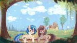  2017 black_hair blush building chromatic_aberration cloud duo earth_pony equine eye_contact female feral friendship_is_magic grass hair horn horse house landscape mammal mirroredsea multicolored_hair my_little_pony nature octavia_(mlp) outside pony purple_eyes red_eyes sky tree unicorn vinyl_scratch_(mlp) 