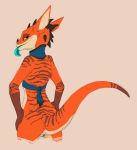  2018 amber_eyes anthro blue_tongue clothing female flamespitter half-closed_eyes horn kobold looking_at_viewer looking_back orange_skin pussy reptile scalie simple_background smile solo tongue tongue_out 