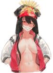  black_hair breasts fate/grand_order fate_(series) hands_in_pockets hat jacket long_hair medium_breasts military_hat navel oda_nobunaga_(fate) oda_nobunaga_(swimsuit_berserker)_(fate) one_eye_closed open_clothes open_jacket peaked_cap red_eyes solo suisogenshi upper_body 