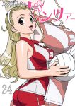  ball black_eyes blonde_hair girls_und_panzer hairband holding holding_ball long_hair looking_at_viewer number open_mouth pants sasaki_akebi single_bang sleeveless solo sonoda_ken'ichi sportswear striped vertical-striped_pants vertical_stripes volleyball volleyball_uniform zoom_layer 