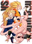  back-to-back blonde_hair boots character_name d: dougi dragon_ball dragon_ball_z frown full_body gloves long_hair looking_at_viewer looking_down majin_buu male_focus multiple_boys nervous open_mouth pants red_eyes senka-san sharp_teeth short_hair simple_background smile son_gokuu spiked_hair super_saiyan super_saiyan_3 sweatdrop teeth upside-down v vegeta very_long_hair vs white_background white_pants wristband 