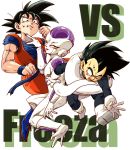  ;) black_eyes black_hair boots character_name clenched_hand commentary_request d: dougi dragon_ball dragon_ball_z frieza full_body gloves looking_at_another looking_at_viewer looking_down male_focus multiple_boys nervous one_eye_closed open_mouth outstretched_arms red_eyes senka-san short_hair simple_background smile son_gokuu spiked_hair sweatdrop tail tears vegeta vs white_background wristband 