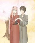  1girl black_hair blue_eyes commentary couple darling_in_the_franxx green_eyes grey_kimono hand_on_another's_arm hiro_(darling_in_the_franxx) holding_hands horns japanese_clothes kimono long_hair mgk2839 obi oni_horns pink_hair red_horns red_kimono sash tree zero_two_(darling_in_the_franxx) 