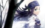  ainu ainu_clothes asirpa bandana black_hair blue_eyes blurry cape depth_of_field earrings fingerless_gloves fur_cape gloves golden_kamuy hoop_earrings jewelry long_hair looking_at_viewer otton portrait profile smile snow solo tree twitter_username 