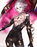  collar fate/apocrypha fate/grand_order fate_(series) green_eyes hair_between_eyes holding holding_weapon karna_(fate) looking_at_viewer male_focus pvc_parfait solo spiked_collar spikes standing twitter_username weapon white_hair 