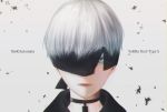  black_blindfold black_choker black_jacket blindfold blue_eyes character_name choker commentary_request highres jacket looking_at_viewer male_focus nier_(series) nier_automata one_eye_covered short_hair silver_hair solo sua075 torn_blindfold yorha_no._9_type_s 