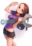  ataruman bracelet breasts closed_mouth commentary_request forehead hands_up highres jewelry long_hair looking_at_viewer medium_breasts oversized_object short_shorts shorts smile solo standing tareme thick_eyebrows twitch.tv vohiyo volary_(twitch.tv) wrench 