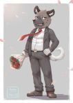  aggressive_retsuko blush bouquet clothed clothing haida hyena male mammal necktie sanrio simple_background solo taki_kaze 