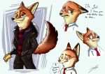  2018 aggressive_retsuko anthro bass canine clothed clothing crossover digital_media_(artwork) disney fox green_eyes jacket juantriforce042 leather leather_jacket male mammal musical_instrument necktie nick_wilde pants simple_background solo text zootopia 