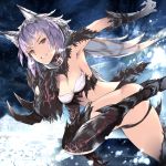  animal_ears armpits atalanta_(alter)_(fate) atalanta_(fate) black_footwear black_gloves black_panties boots bra breasts brown_eyes cleavage clenched_teeth fate/grand_order fate_(series) floating_hair fox_ears gloves highres leg_up long_hair looking_at_viewer midriff night outdoors panties purple_hair sky small_breasts solo star_(sky) starry_sky strapless strapless_bra teeth thigh_boots thighhighs underwear venomrobo very_long_hair white_bra 