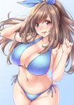  bangs bare_arms bare_shoulders bikini blush bow breasts brown_hair cleavage collarbone commentary_request eyebrows_visible_through_hair gradient gradient_background hair_bow hands_up highres idolmaster idolmaster_shiny_colors large_breasts long_hair looking_at_viewer navel purple_eyes shouji_nigou side-tie_bikini simple_background smile solo swimsuit tsukioka_kogane 