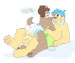  blush canine cuddlehooves cuddlehooves_(character) dialogue diaper dog duo lying male mammal urine wet_diaper wob_(character) 
