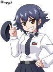  anzio_school_uniform beret black_hair braid brown_eyes girls_und_panzer goriate grin hand_on_hip hat hat_removed headwear_removed necktie pepperoni_(girls_und_panzer) pleated_skirt short_hair single_braid skirt smile solo twitter_username upper_body 