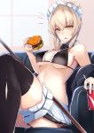  absurdres artoria_pendragon_(all) artoria_pendragon_(swimsuit_rider_alter) ass bikini black_bikini blonde_hair blush breasts broom choker commentary_request cup eating fate/grand_order fate_(series) food frilled_bikini frills hair_bun hamburger highres holding holding_cup holding_food leg_garter maid_bikini maid_headdress medium_breasts miniskirt nanakaku navel pale_skin skirt solo straw_(stalk) surprised swimsuit yellow_eyes 