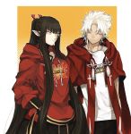  1girl amakusa_shirou_(fate) black_hair buster_shirt commentary dark_skin drawstring fate/apocrypha fate_(series) flower_knot hands_in_pockets highres hood hood_down hoodie long_hair pocket pointy_ears red_hoodie semiramis_(fate) slit_pupils standing tassel u_5ham0 very_long_hair white_hair yellow_eyes 