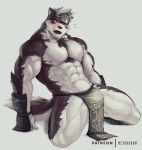  anthro bulge canine chest_tuft clothing headband kuron loincloth looking_at_viewer male mammal muscular muscular_male open_mouth pecs solo tuft 