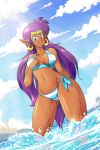  1girl bikini dark_skin earrings forehead_jewel linkerluis long_hair navel pointy_ears ponytail purple_hair shantae shantae_(character) shantae_(series) solo underboob very_long_hair 