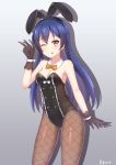  94_(644534209) animal_ears bangs bare_shoulders black_gloves black_legwear blue_hair blush bow bowtie breasts bunny_ears bunnysuit cleavage commentary covered_navel cowboy_shot detached_collar eyebrows_visible_through_hair fake_animal_ears fishnet_pantyhose fishnets gloves hair_between_eyes highres long_hair looking_at_viewer love_live! love_live!_school_idol_project one_eye_closed pantyhose simple_background solo sonoda_umi strapless wrist_cuffs yellow_eyes 